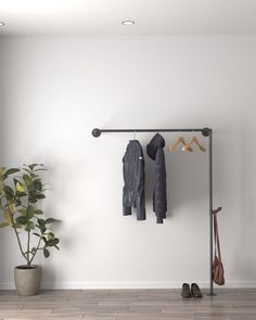 a coat rack with two coats hanging from it's sides next to a potted plant