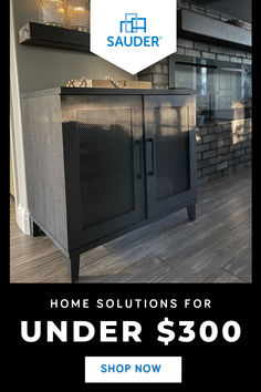 a black cabinet with the words home solutions for under $ 300 on it and an image of