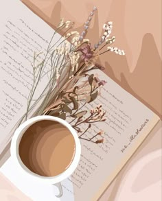 a cup of coffee sitting on top of an open book next to a vase filled with flowers