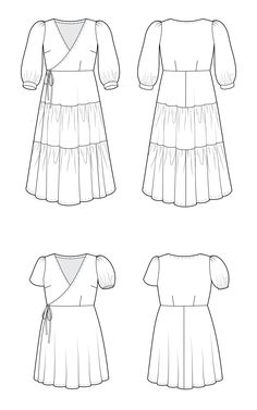 the front and back views of a women's dress with ruffles on it