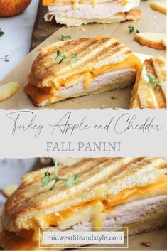 turkey apple and cheddar grilled cheese sandwich on a cutting board with apples in the background