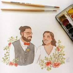 a watercolor painting of two people with flowers in their hair and one man wearing a bow tie