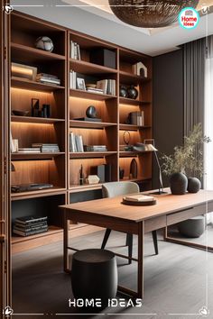 the interior of a home office with wooden bookshelves and shelves filled with books