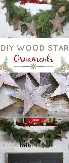 a fireplace mantle decorated for christmas with wooden stars and ornaments