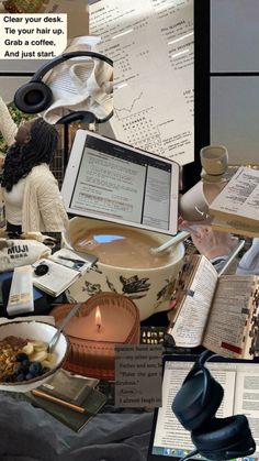 a collage of photos with books, papers and other things on it that include an open laptop computer