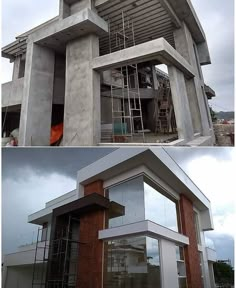 two pictures side by side of a building with windows and scaffolding on the outside