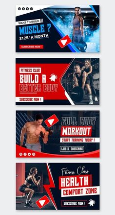 three banners for a bodybuilding gym with an image of a man and woman