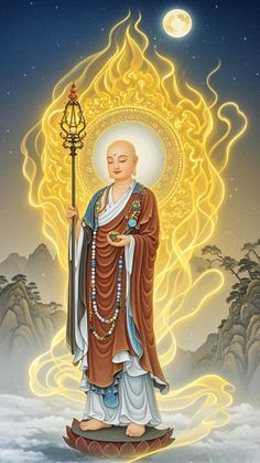 the buddha is standing in front of a full moon and holding a staff with his right hand