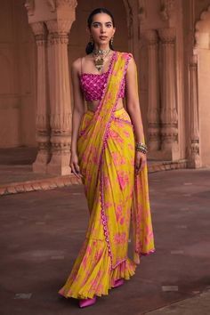 DRESS Outfit From Saree Indian Fashion, Rokha Outfits, Haldi Saree Look, Haldi Suits, Haldi Sari, Floral Indian Outfit, Work Lehenga Designs, Skirt And Blouse Outfit, Haldi Dresses