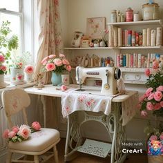 a sewing machine sitting on top of a white table next to a flower filled window