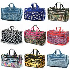 22" Fashion Print Large Duffel Zipper Gym Dance Cheer Carry On Travel Duffle Bag Fashionable eye-catching duffle bag features a zippered U-top for ease of hand entrance to pack all those essentials, 2 zippered pockets on the ends, and a large front zipper pocket. Great for carry on travel, or team events, this multi-purpose duffel is made of heavy-duty polyester which can be easily wiped clean. Padded Handle makes carrying without digging into the hand. An adjustable shoulder strap features a no Gym Dance, Carry On Travel, Travel Duffle Bag, Duffle Bag Travel, Travel Duffle, Weekend Bag, Business Trip, Duffle Bags, Team Events