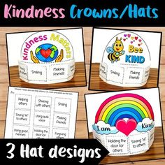 three hats with the words kindness crowns / hats on them