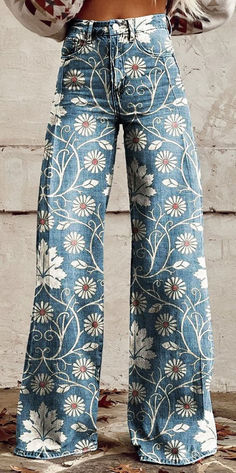 Estilo Hipster, Mode Hippie, Casual Wide Leg Pants, Printed Jeans, Bell Bottom Pants, Outfit Casual, Casual Jeans, Flare Pants, Vintage Prints