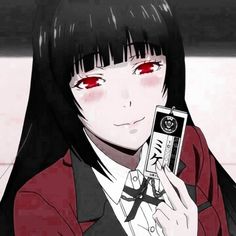 an anime character holding a cell phone up to her face with blood on the eyes