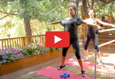 a man and woman doing exercises on the deck