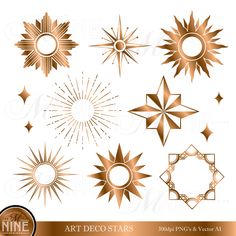 gold and white art decostars clipart for commercial use - includes starburst, sunburst, etc