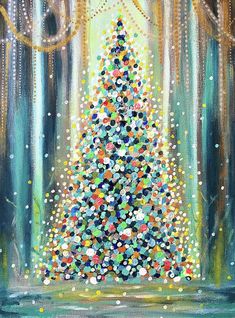 a painting of a christmas tree in the middle of a forest