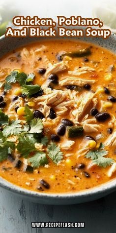 chicken, poblano, and black bean soup in a bowl