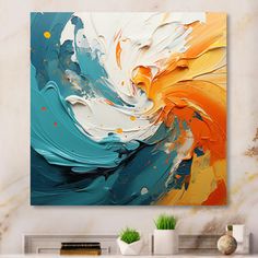 an abstract painting on the wall in a living room with white and blue paint strokes