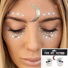 Karneval Diy, Moon Makeup, Temporary Face Tattoos, Jewel Makeup, Jewel Hair, Freckles Makeup, Jewel Tattoo, Galaxy Makeup, Styling Jewelry