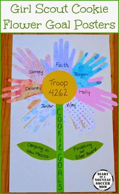 a flower made out of handprints with the words, girl scout cookie flower posters