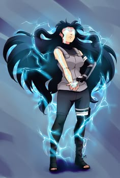 an anime character with long black hair standing in front of lightning