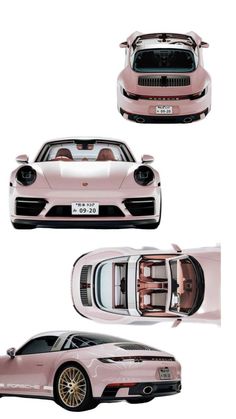 three different views of a pink porsche