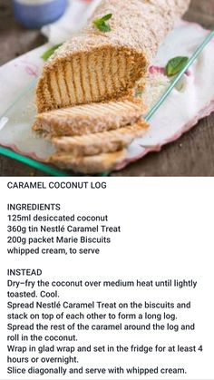 a recipe for caramel coconut log is shown in the bottom right corner and on the left side