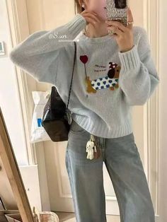 Korean Fashion Sweater, Tops Korean, Dog Embroidery, Autumn Winter 2024, Sweater Pullover, Sweater Women, Jumper Sweater, Winter 2024, Knitted Sweater