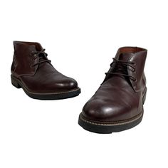 Johnston & Murphy Men's Chukka Boots in Dark Mahogany. Size 11, crafted from tumbled calfskin leather, offering a sophisticated yet rugged appeal. They are in excellent used conditions with minimal signs of wear. No scuffs or screatches were noted. * Brand: Johnston & Murphy * Color: Dark Mahogany (Brown) * Size: 11 * Style: Chukka Boots * Material: Tumbled Calfskin Leather * For: Men Features: * Chukka Boots Size: Mens 11M Condition: Pre-Owned Good Excellent used conditions. Rugged Leather Chukka Boots With Goodyear Welt, Classic Distressed Brown Leather Boots, Leather Chukka Boots With Goodyear Welt Construction, Rugged Chukka Boots With Snip Toe And Leather Footbed, Rugged Leather Shoes With Moc Toe And Leather Lining, Masculine Brown Chukka Boots With Leather Lining, Masculine Chukka Boots With Moc Toe, Classic Brown Leather Work Boots, Masculine Brown Leather-lined Chukka Boots