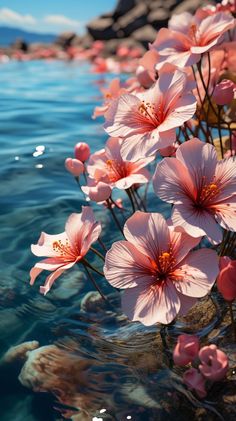 pink flowers are growing out of the water