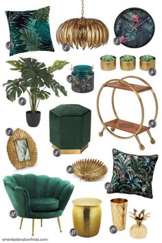 a collage of green and gold furniture, including a chair, table, mirror, vase