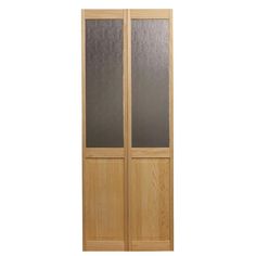 a wooden door with frosted glass on the front and side doors in light wood