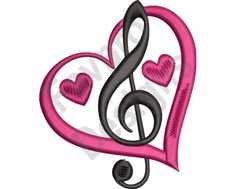 a treble with hearts and music notes in the shape of a heart embroidery design