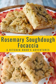 rosemary sourdough focaccia on a red and white plate with text overlay