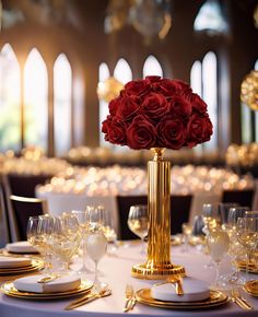 the centerpieces are adorned with red roses and gold rimmed goblets