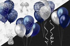 blue and white balloons with streamers on transparent background