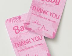 two pink thank you cards with the words baby written on them and an image of palm trees