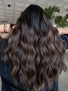 brunette hair with chocolate pops Dark Chocolate Hair Balayage, Rich Dimensional Brunette Hair Color, Coffee Hair Color Balayage, Subtle Chocolate Balayage, Obsidian Brunette, Brunette Hair Goals, Chocolate Hair With Dimension, Mocha Swirl Brunette, Chocolate Brown Hair Dimension