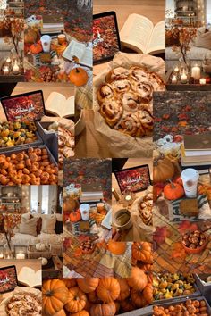 a collage of photos with pumpkins, apples and cinnamon rolls in them on a table