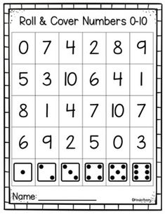 the roll and cover numbers 0 - 10 worksheet is shown in black and white