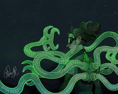 a drawing of a woman with green hair and an octopus on her head, in front of a black background