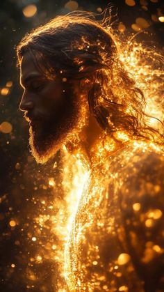 jesus in the midst of fire with his eyes closed and long hair blowing back into the wind