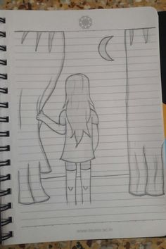 a drawing of a girl standing in front of a tree and looking at the moon