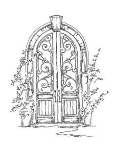 a drawing of an open door with vines on it