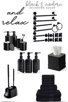 black and white bathroom accessories including soap dispensers