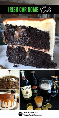 there is a collage of pictures with cake and drinks on it, including irish car bomb cake