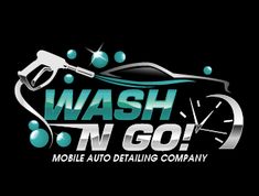 the logo for wash n go mobile auto detailing company, featuring a car with a gas pump