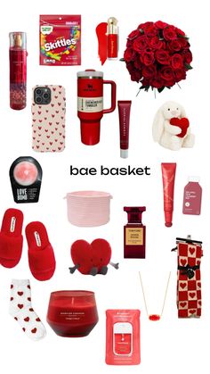 valentine's day gift basket with red roses and other items