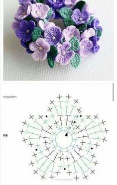 crocheted flowers are shown in two different pictures, one is purple and the other is green